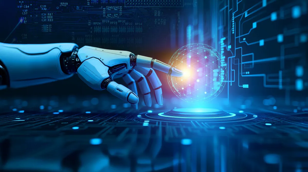 Robotic hand touching a glowing digital interface