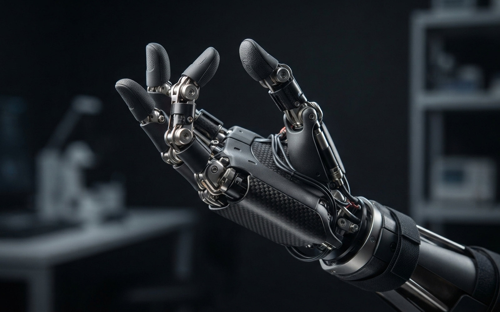 A carbon-fibre robotic hand with articulated fingers in a dimly lit lab