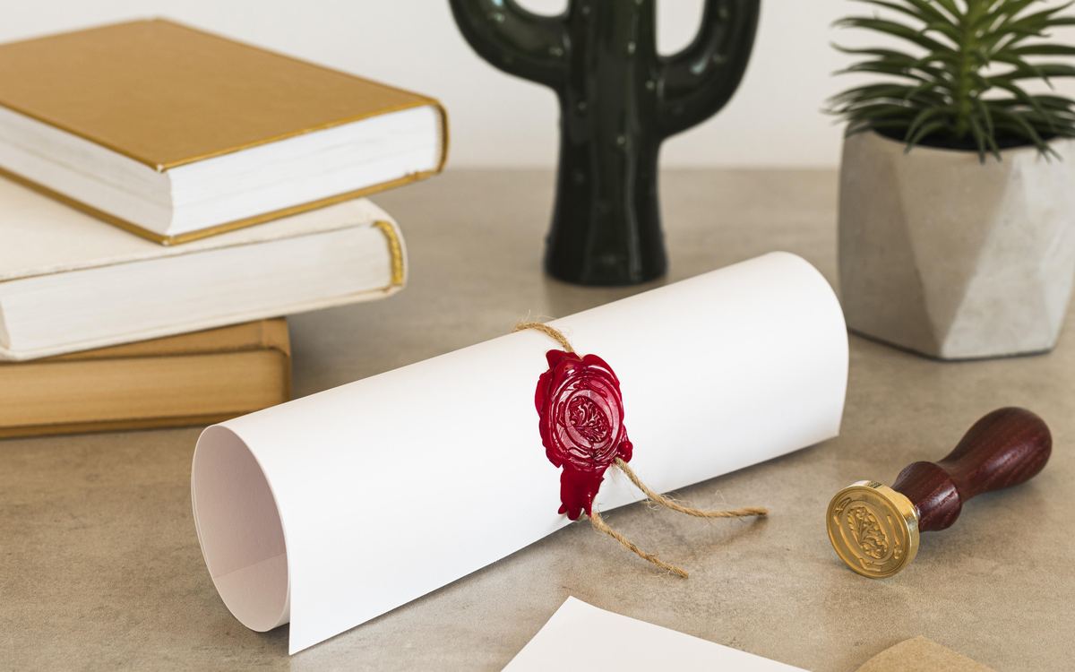 Rolled certificate sealed with red wax beside a seal stamp and books