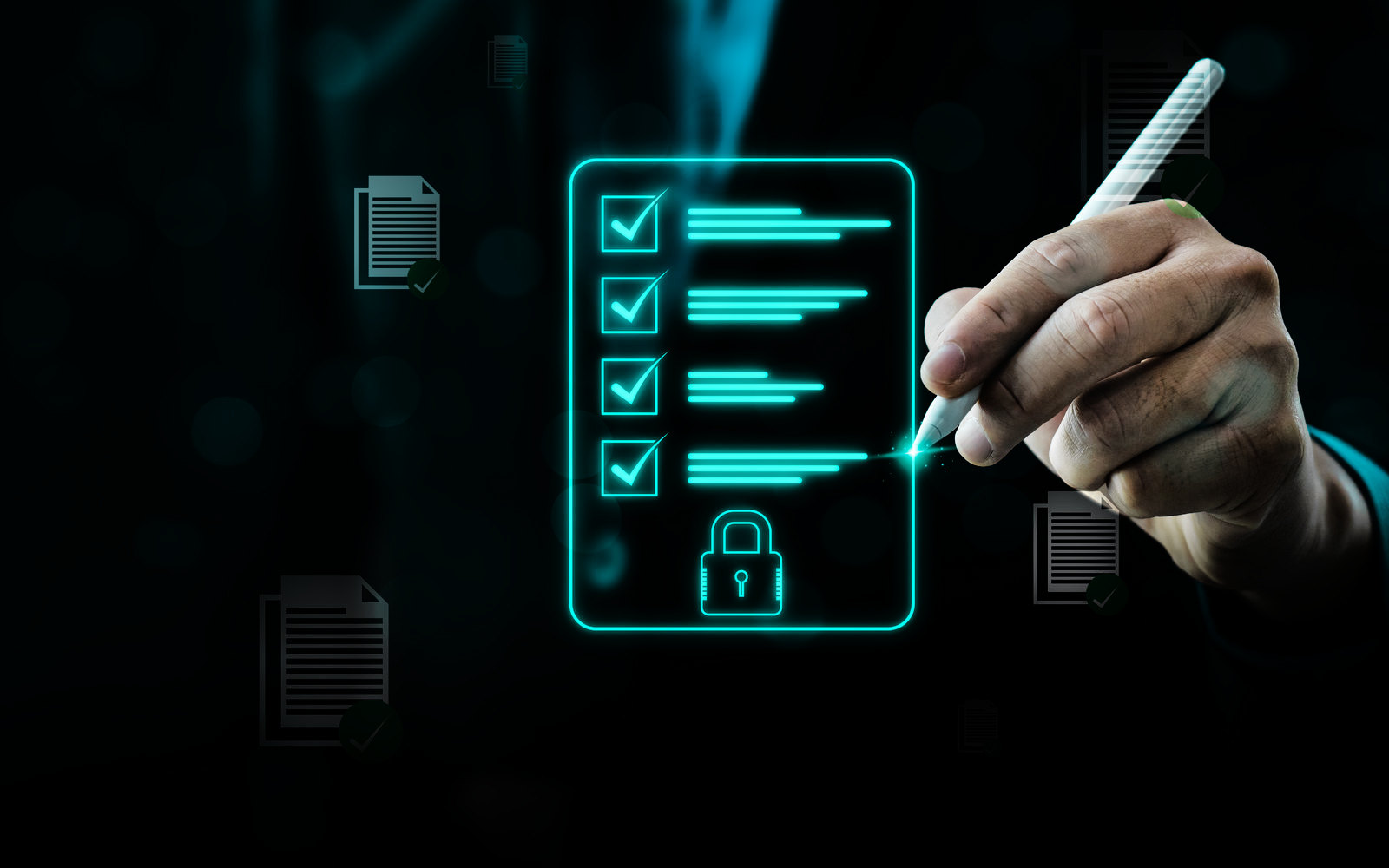 A hand with a stylus completing a glowing security checklist marked with a padlock