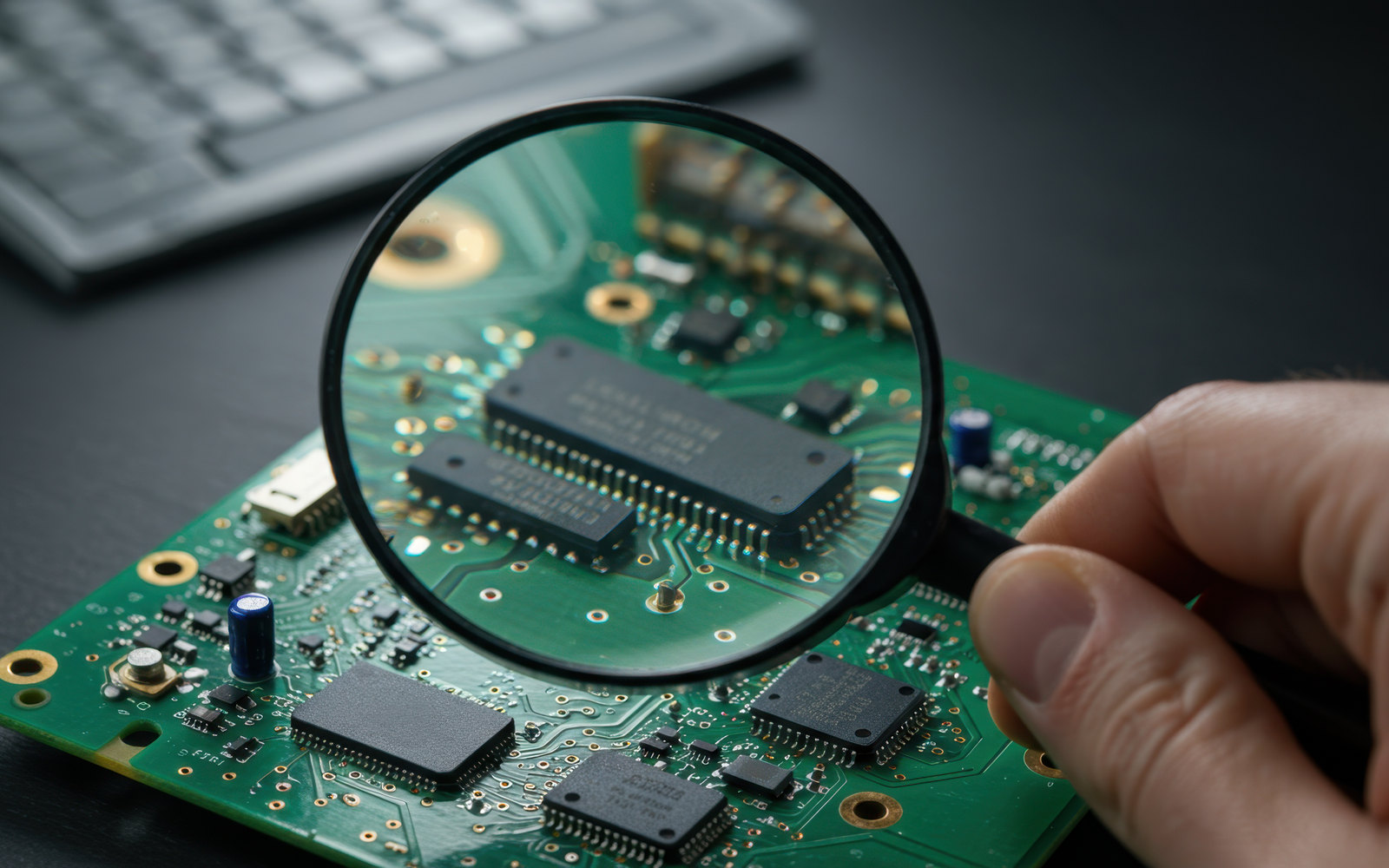 A hand holding a magnifying glass over the chips on a circuit board