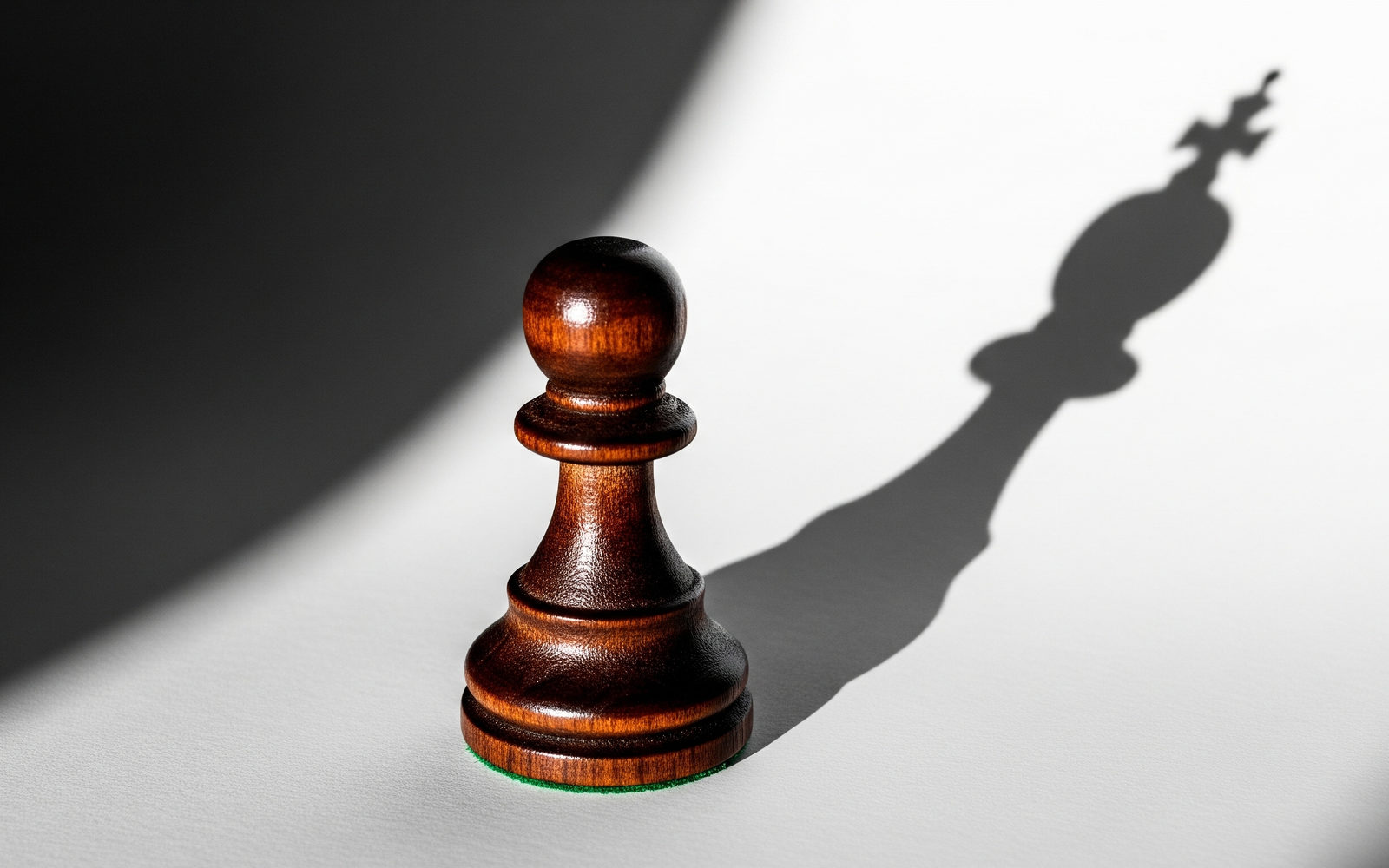 Polished wooden chess pawn casting a long shadow shaped like a king