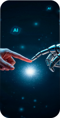 Human hand reaching toward a robotic AI hand