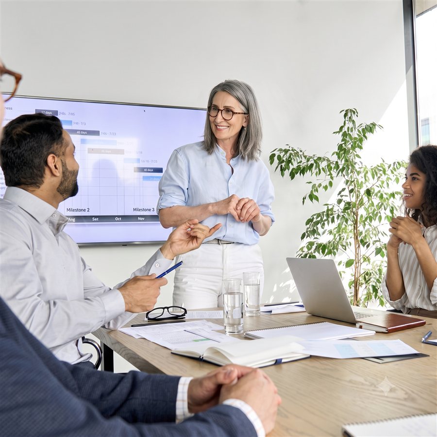 Team meeting led by a manager at a whiteboard