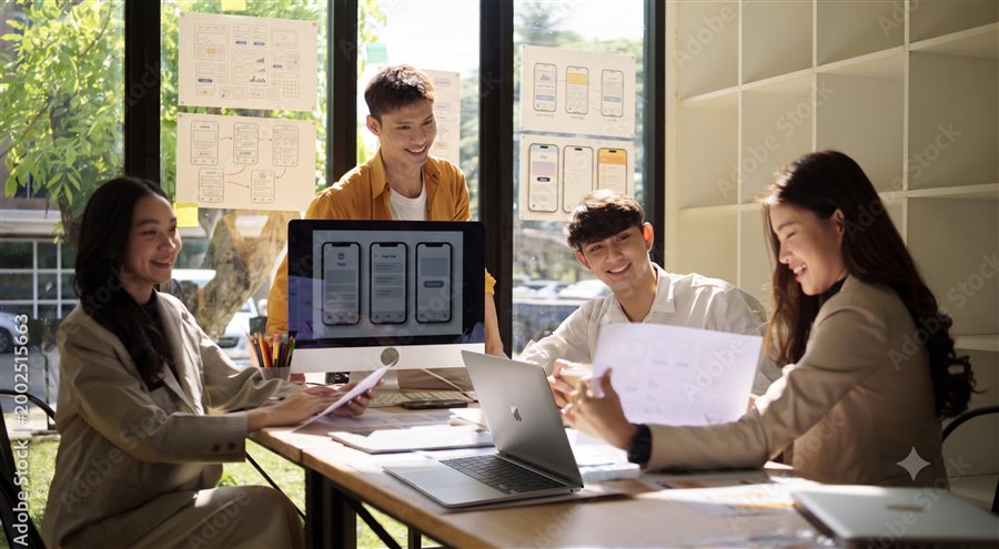 Product team collaborating around a laptop
