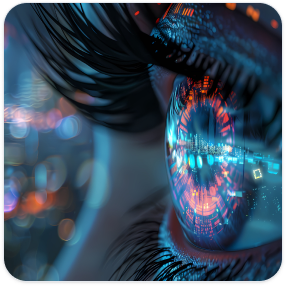 Close-up of an eye reflecting data streams