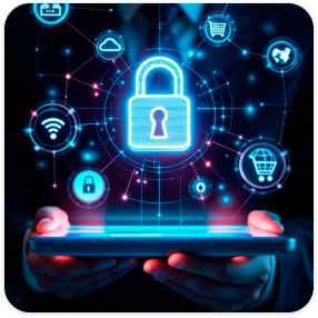 Glowing padlock hologram above a tablet