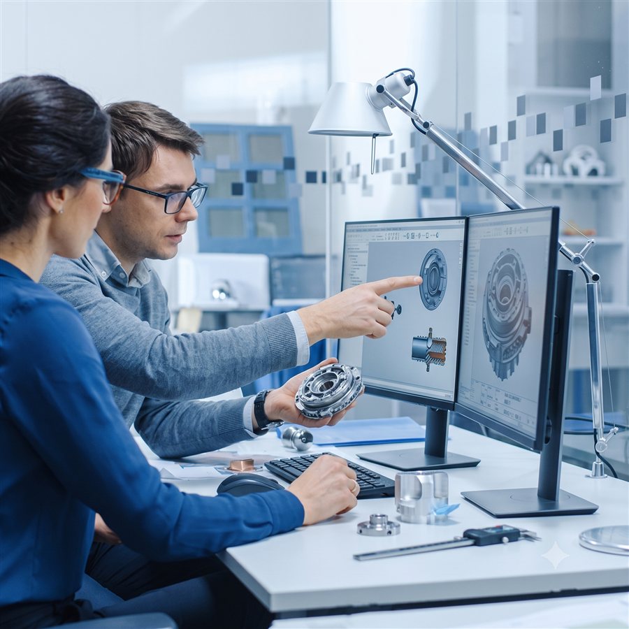 Engineers reviewing CAD designs on dual monitors
